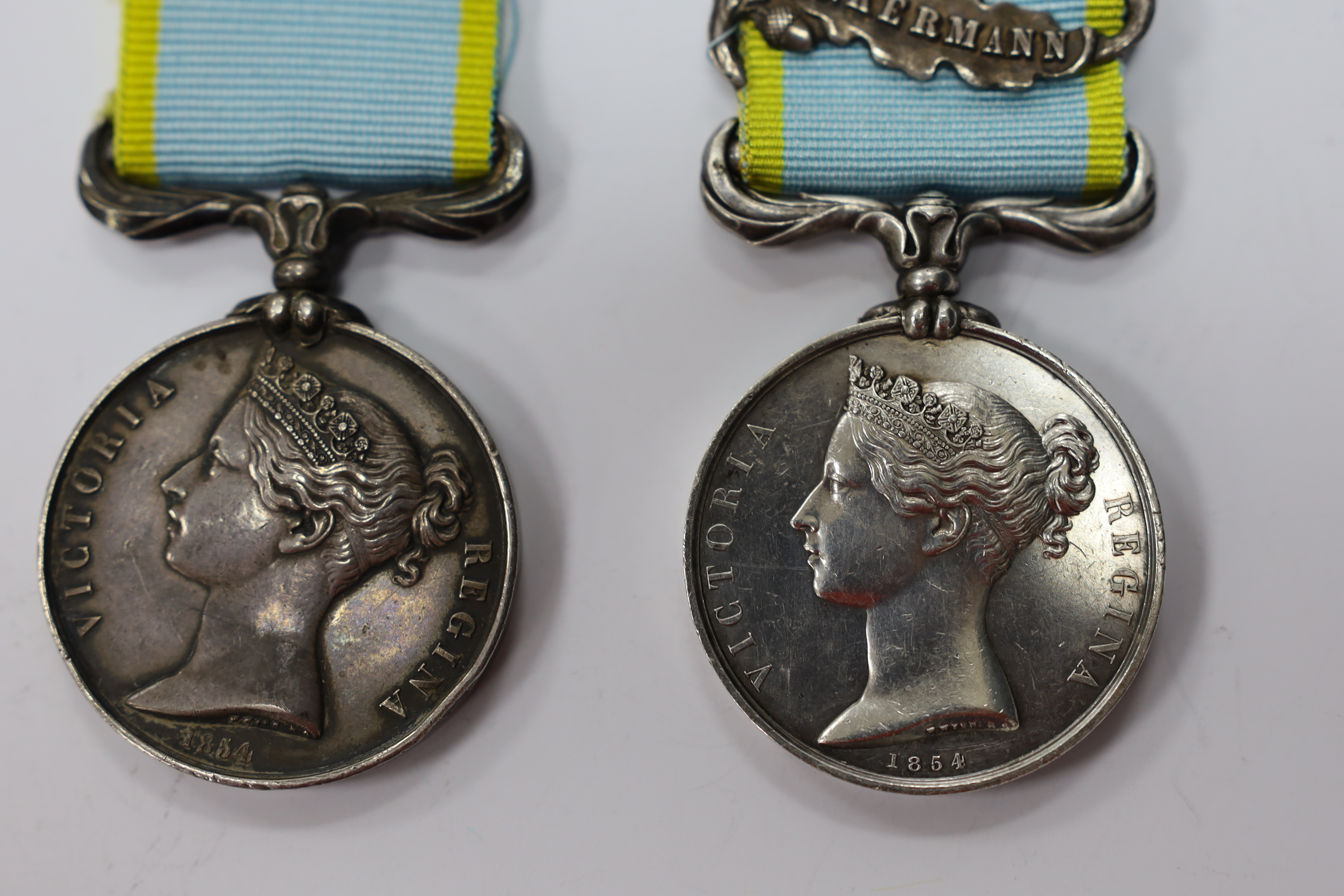 Two Crimea medals, one with Inkermann clasp, both unnamed as issued